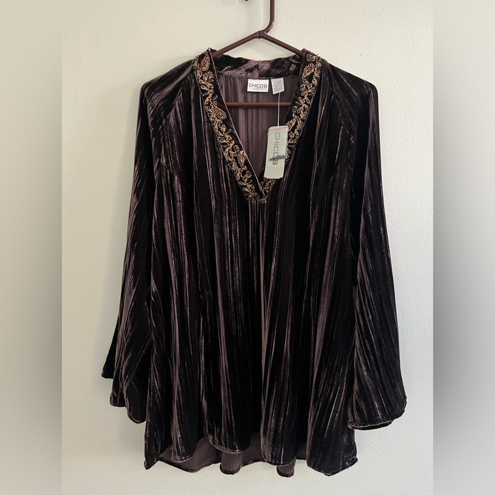 Chico's Silk Blend Embellished Velvet V-Neck Tunic - Dark Brown Size XL